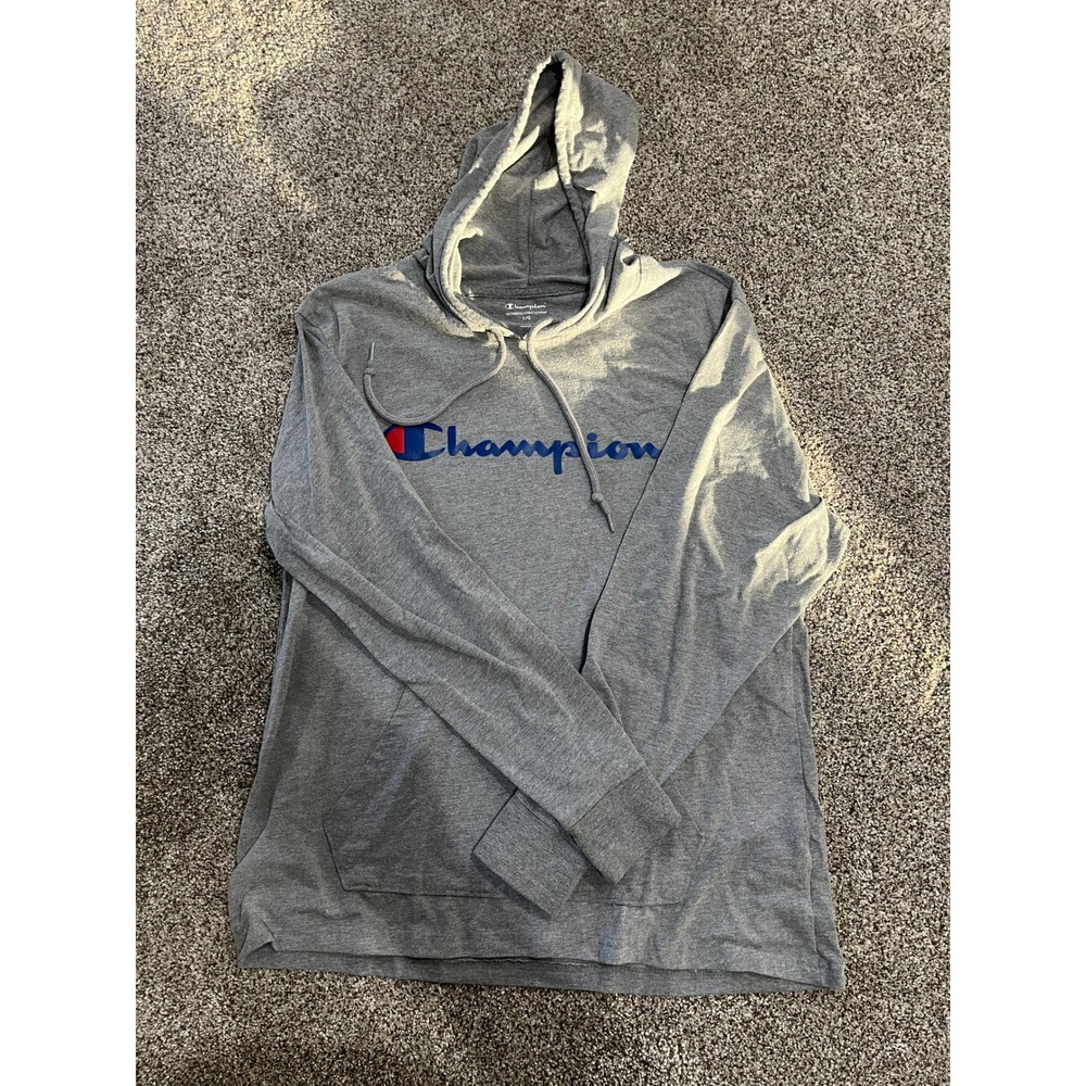 Champion Mens Gray‎ Script Logo Lightweight Hoodie Jersey T-Shirt Large L/G